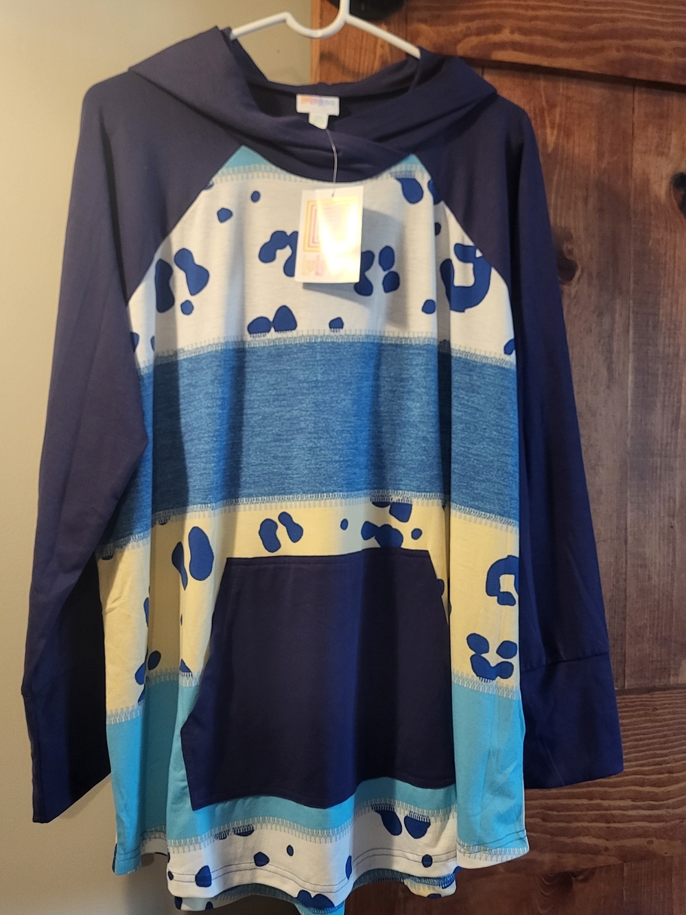 LuLaRoe Amber- Navy, Blue & Yellow Hooded Sweatshirt